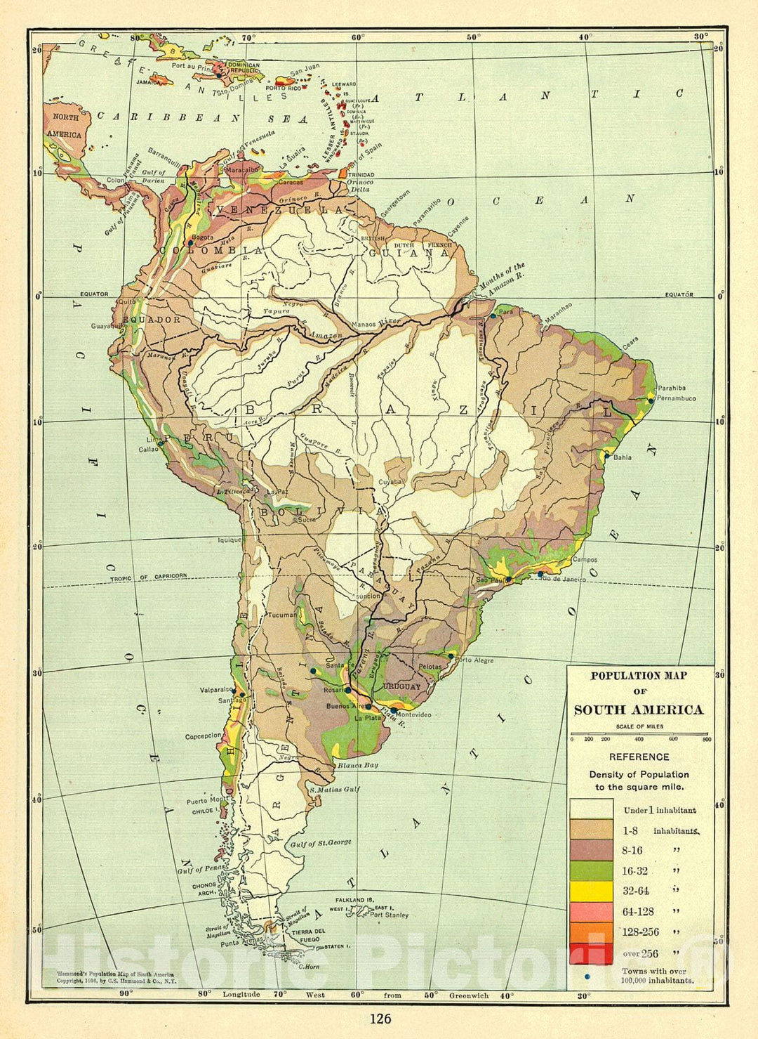 Historic Map : 1917 Population Map of South America : Vintage Wall Art