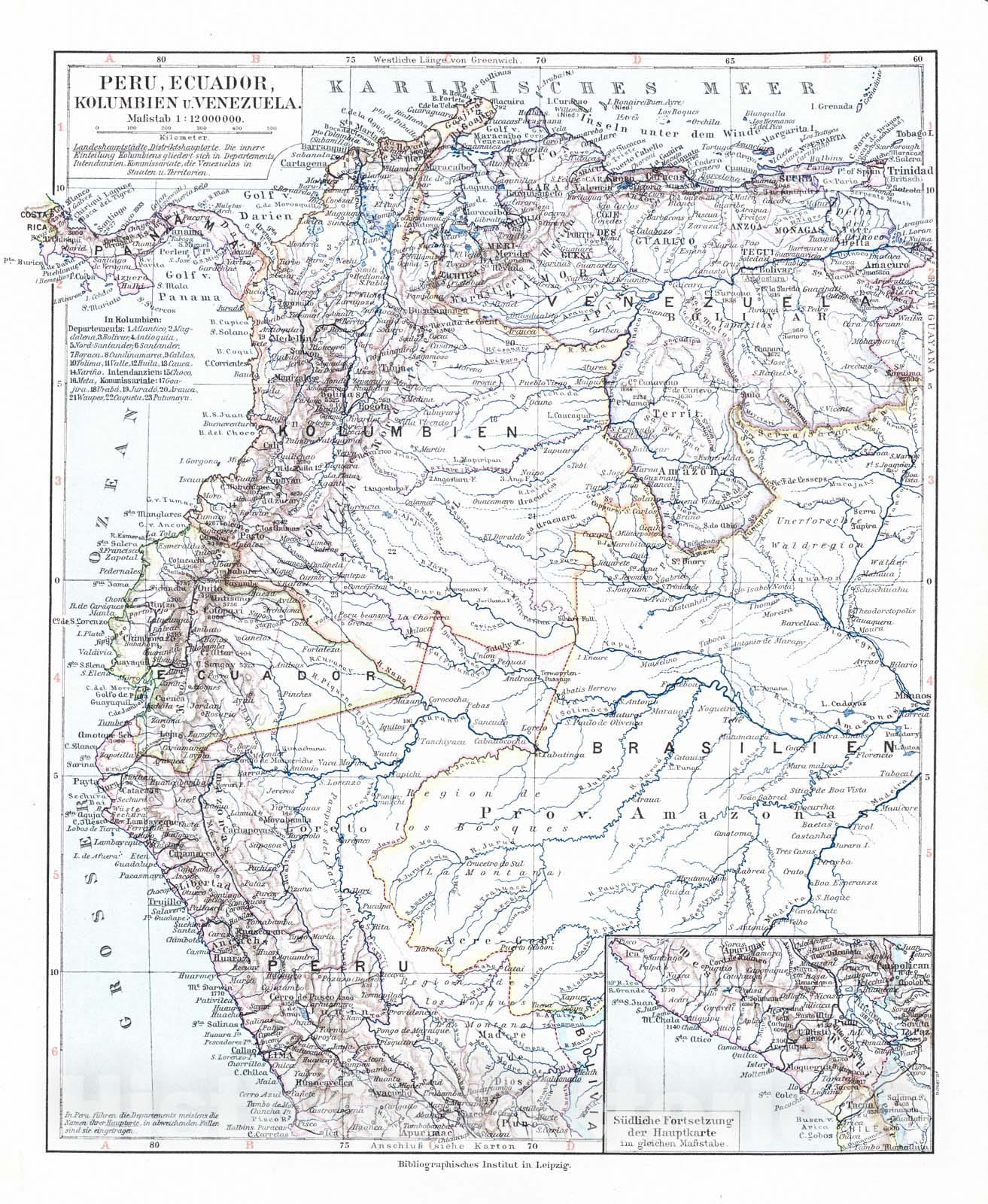 Historic Map : 1924 Peru, Ecuador, Kolumbien u. Venezuela : Vintage Wall Art