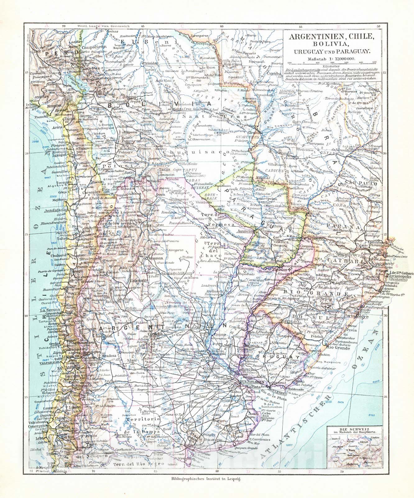 Historic Map : 1924 Argentinien, Chile, Boliva, Urguagy und Paraguay : Vintage Wall Art