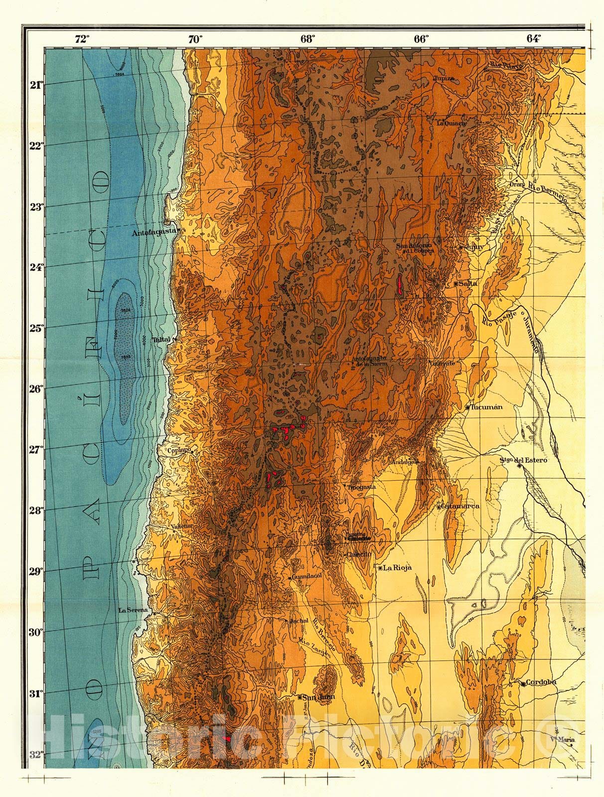 Historic Map : 1930 Mapa Hipsometrico de la Republica Argentina y Regiones Limitrofes : Vintage Wall Art