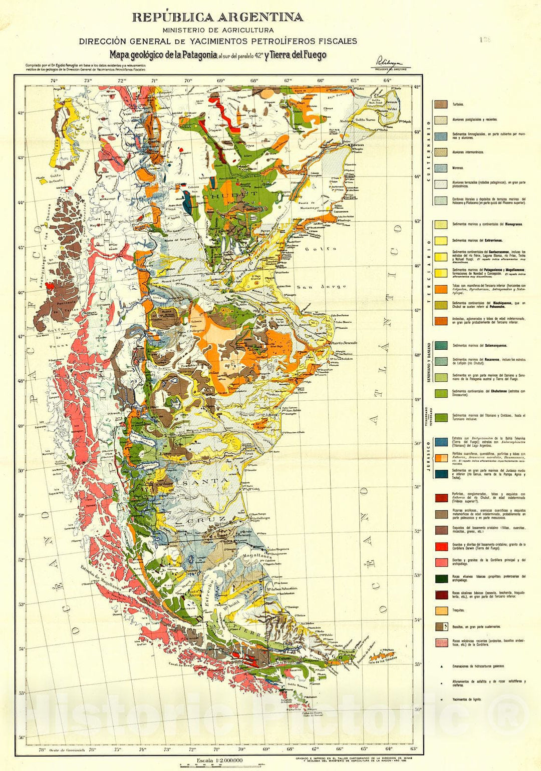 Historic Map : 1939 [Rep&uacute;blica Argentina] Mapa geol&oacute;gico de la Patagonia al sur del paralelo 42&ordm; y Tierra del Fuego : Vintage Wall Art