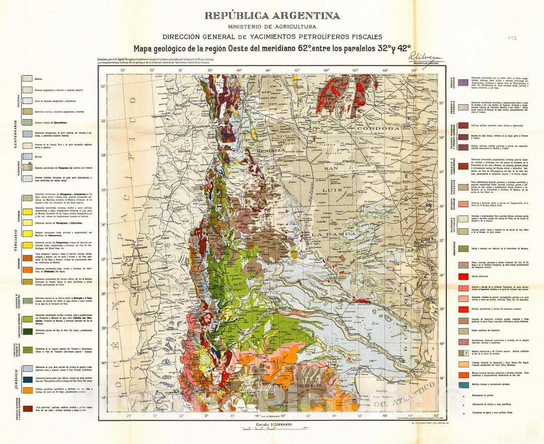 Historic Map : 1943 Mapa geol&oacute;gico de la regi&oacute;n Oeste del meridiano 62&ordm;, entre los paralelos 32&ordm; y 42&ordm; [Rep&uacute;blica Argentina]  : Vintage Wall Art