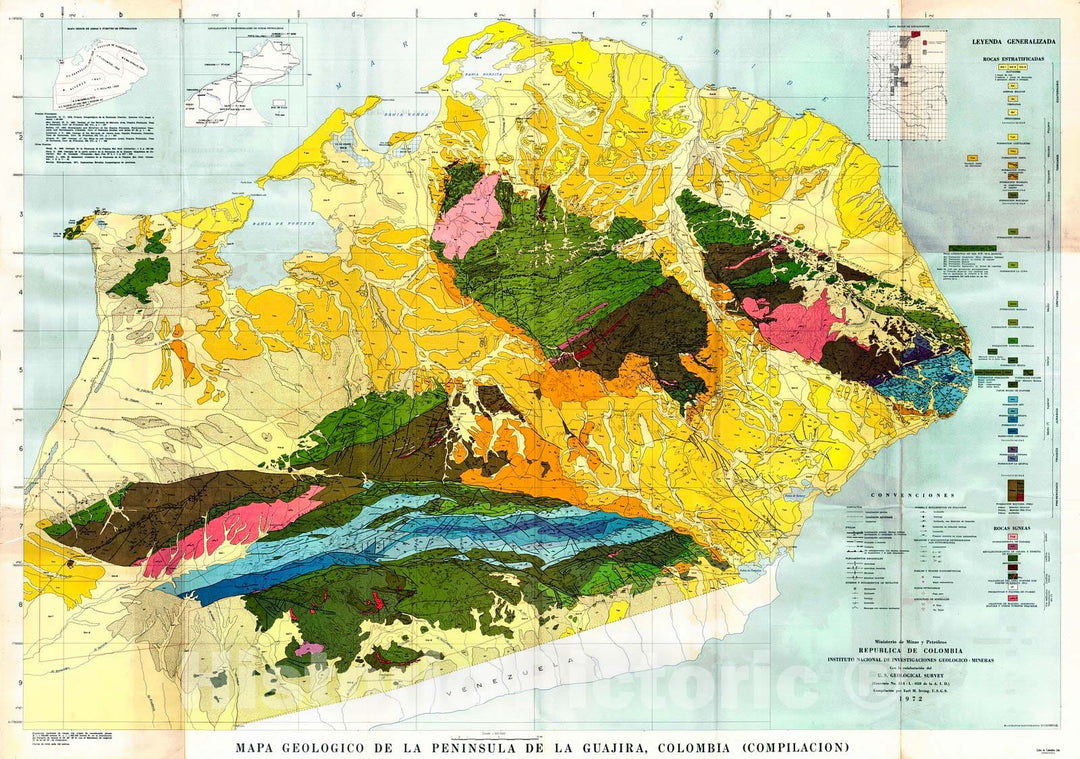 Historic Map : 1972 Mapa Geologic de la Peninsula de la Guajira, Colombia : Vintage Wall Art