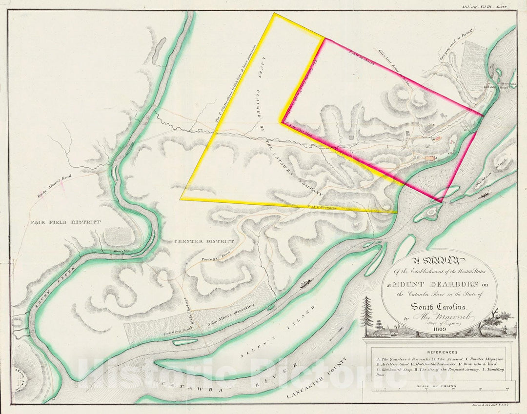 Historic Map :  A Survey of the Establishment of the United States at Mount Dearborn on the Catawba River in the State of South Carolina : Vintage Wall Art