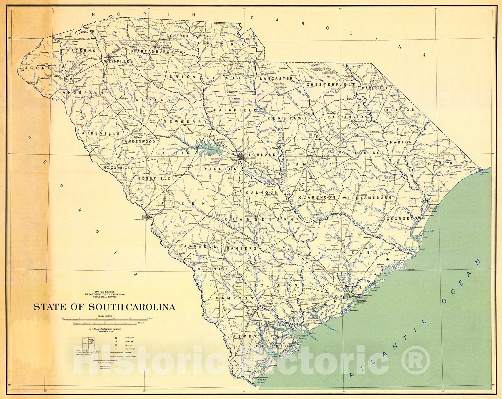 Historic Map : 1929 State of South Carolina : Vintage Wall Art