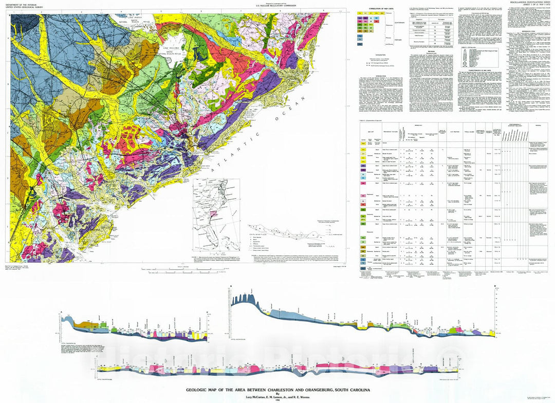 Historic Map : 1984 Geologic Map of the Area Between Charleston and Orangeburg, South Carolina : Vintage Wall Art