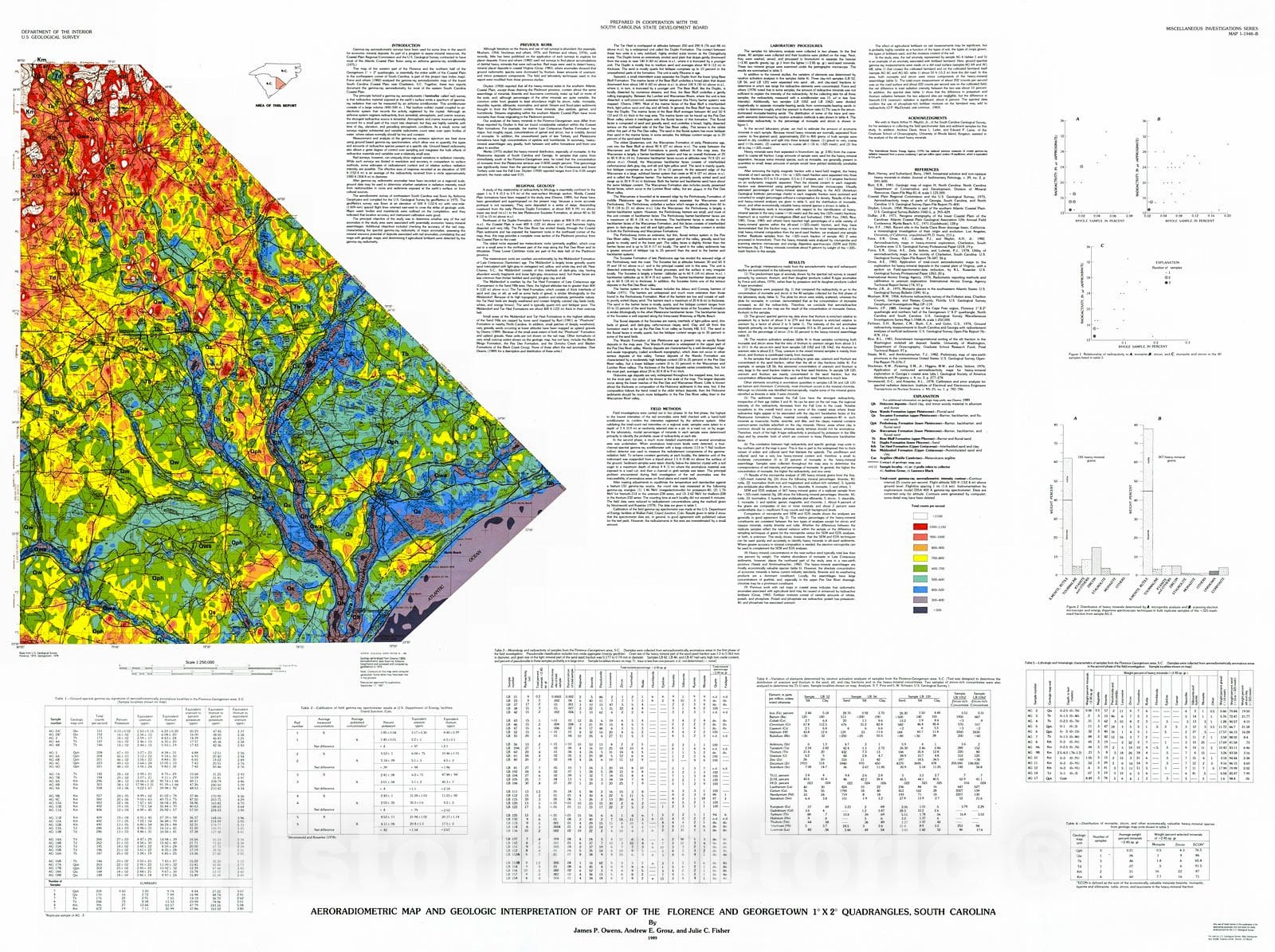 Historic Map : 1989 Aeroradiometric Map and Geologic Interpretation of part of the Florence and Georgetown 1&deg; x 2&deg; quadrangles, South Carolina : Vintage Wall Art