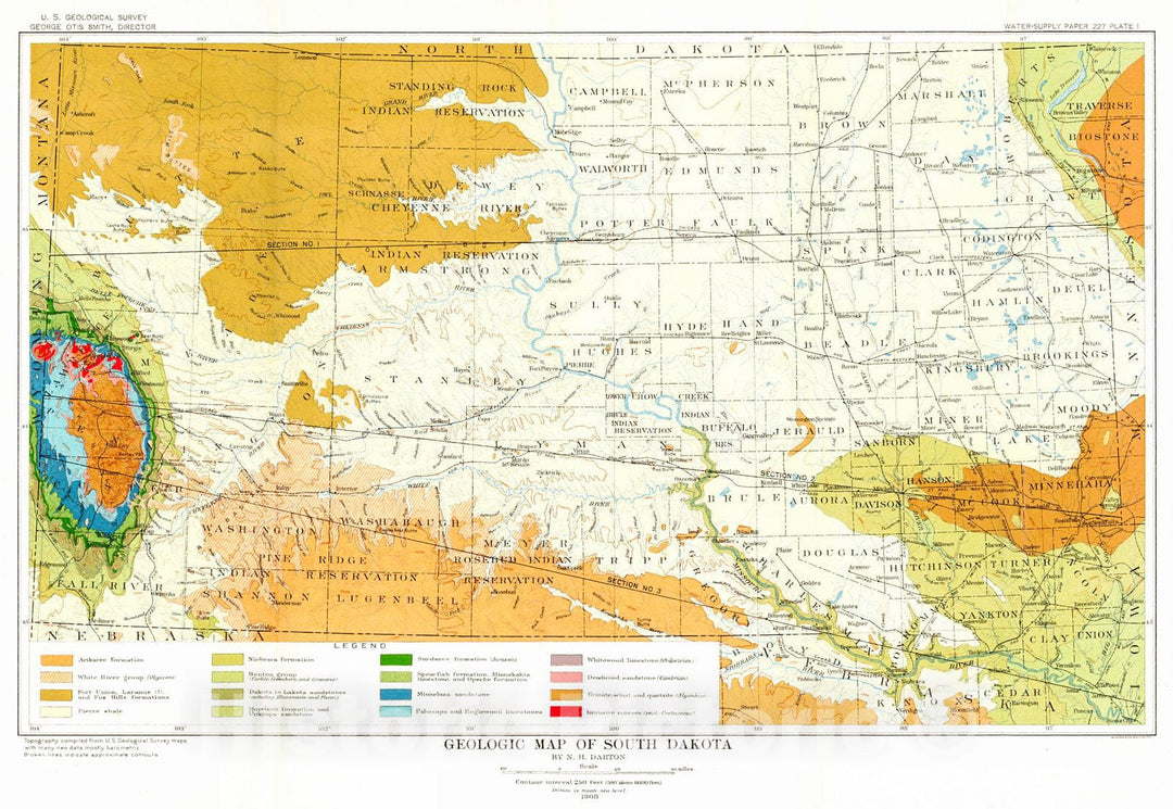 Historic Map : 1908 Geological Map of South Dakota : Vintage Wall Art