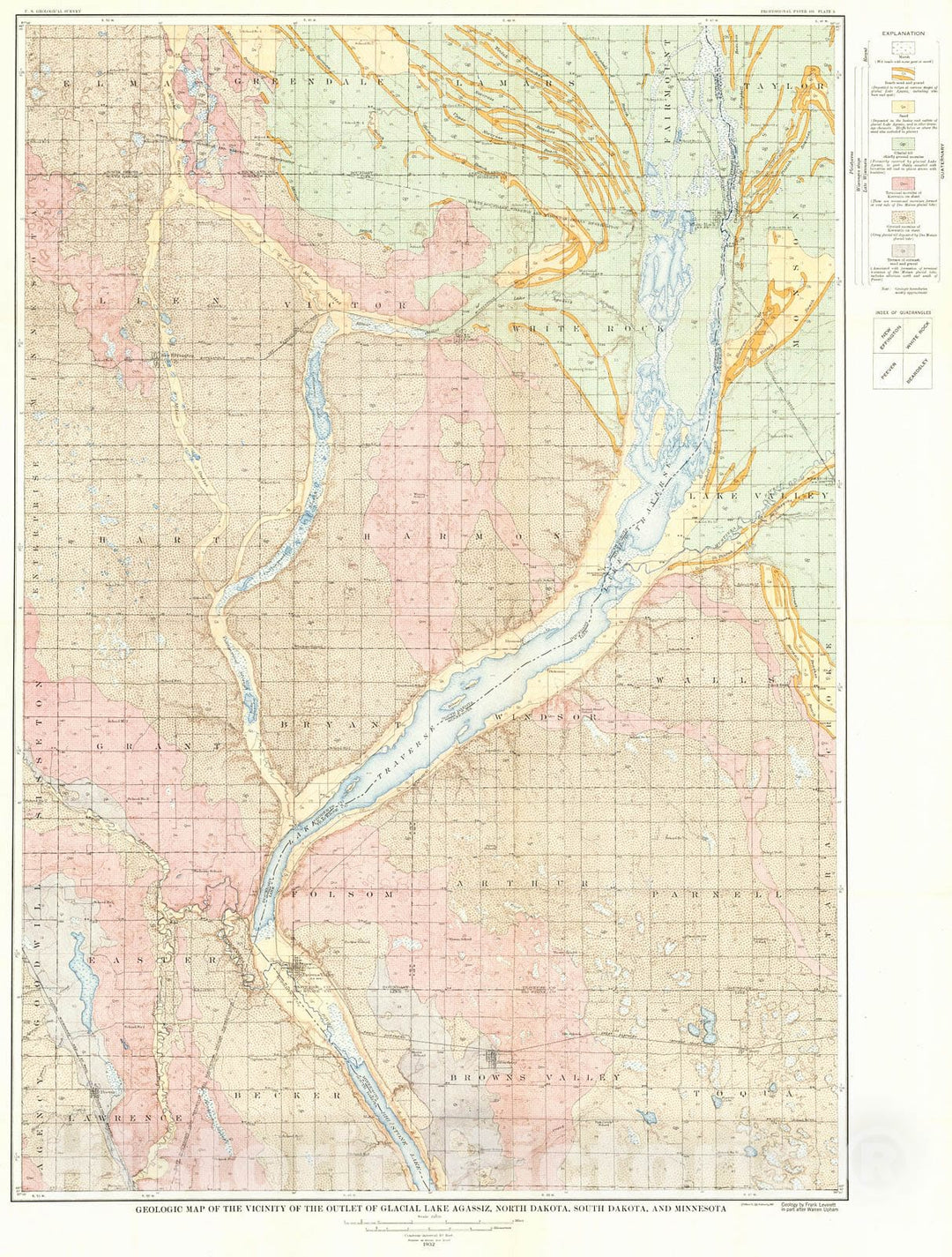 Historic Map : 1932 Geologic map of the vicinity of the outlet of Glacial Lake Agassiz, North Dakota, South Dakota and Minnesota  : Vintage Wall Art