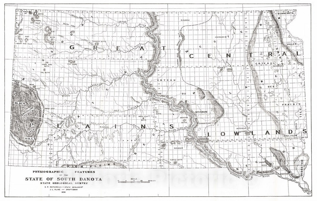 Historic Map : 1938 Physiographic Features of the State of South Dakota : Vintage Wall Art