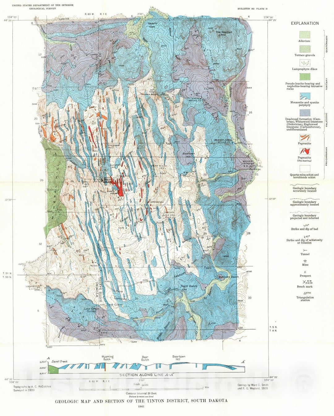 Historic Map : 1941 Geologic map and section of the Tinton District, South Dakota : Vintage Wall Art