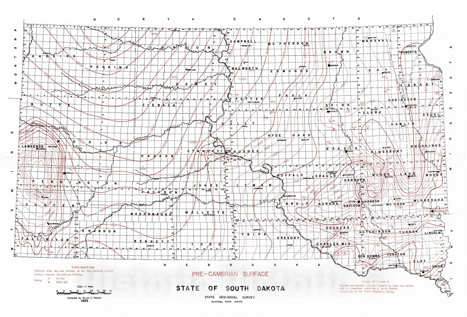 Historic Map : 1953 Pre-Cambrian Surface, State of South Dakota : Vintage Wall Art