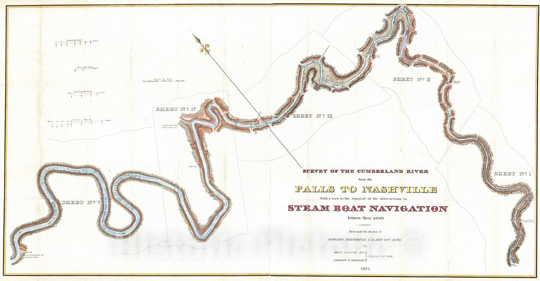 Historic Map : 1834 Survey of the Cumberland River from the Falls to Nashville : Vintage Wall Art