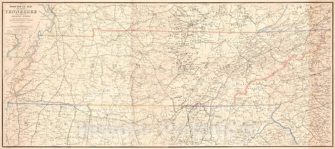 Historic Map : 1877 Postal Route Map of the State of Tennessee : Vintage Wall Art