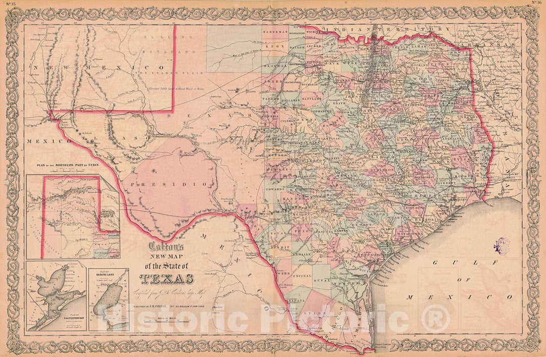 Historic Map : 1857 Colton's New Map of the State of Texas : Vintage Wall Art