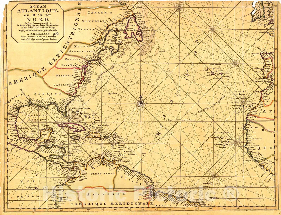 Historic Map : 1693 Ocean Atlantique ou Mer du Nord on Sent Exactenent Observee le Route d'Europe aux Indes Occidentales, et des Inder Occientales en Europe : Vintage Wall Art