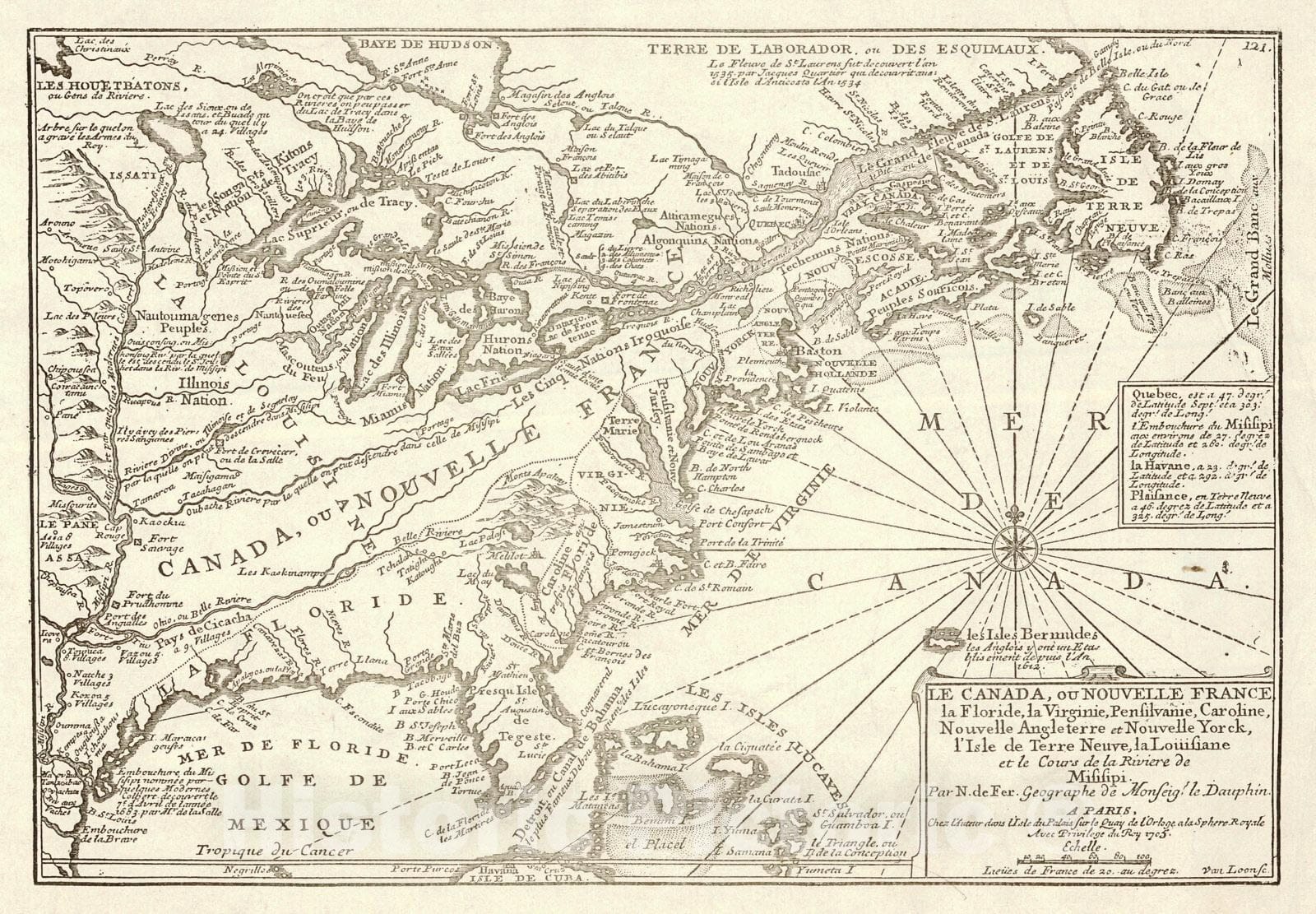 Historic Map : 1705 Canada, Florida, Virginia, Pennsylvania, Carolina, New England and New York, Newfoundland, Louisiana and the Course of the Mississippi River : Vintage Wall Art