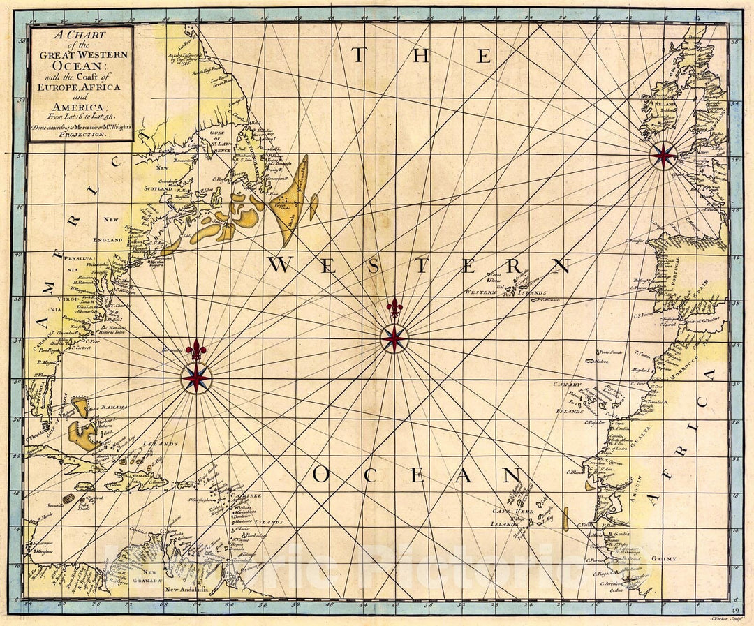 Historic Map : 1728 A Chart of the Great Western Ocean with the Coast of Europe, Africa and America : Vintage Wall Art