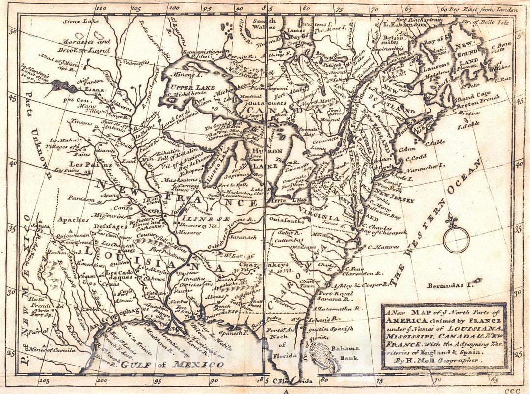 Historic Map : 1729 A New Map of the North Part of America Claimed by France : Vintage Wall Art