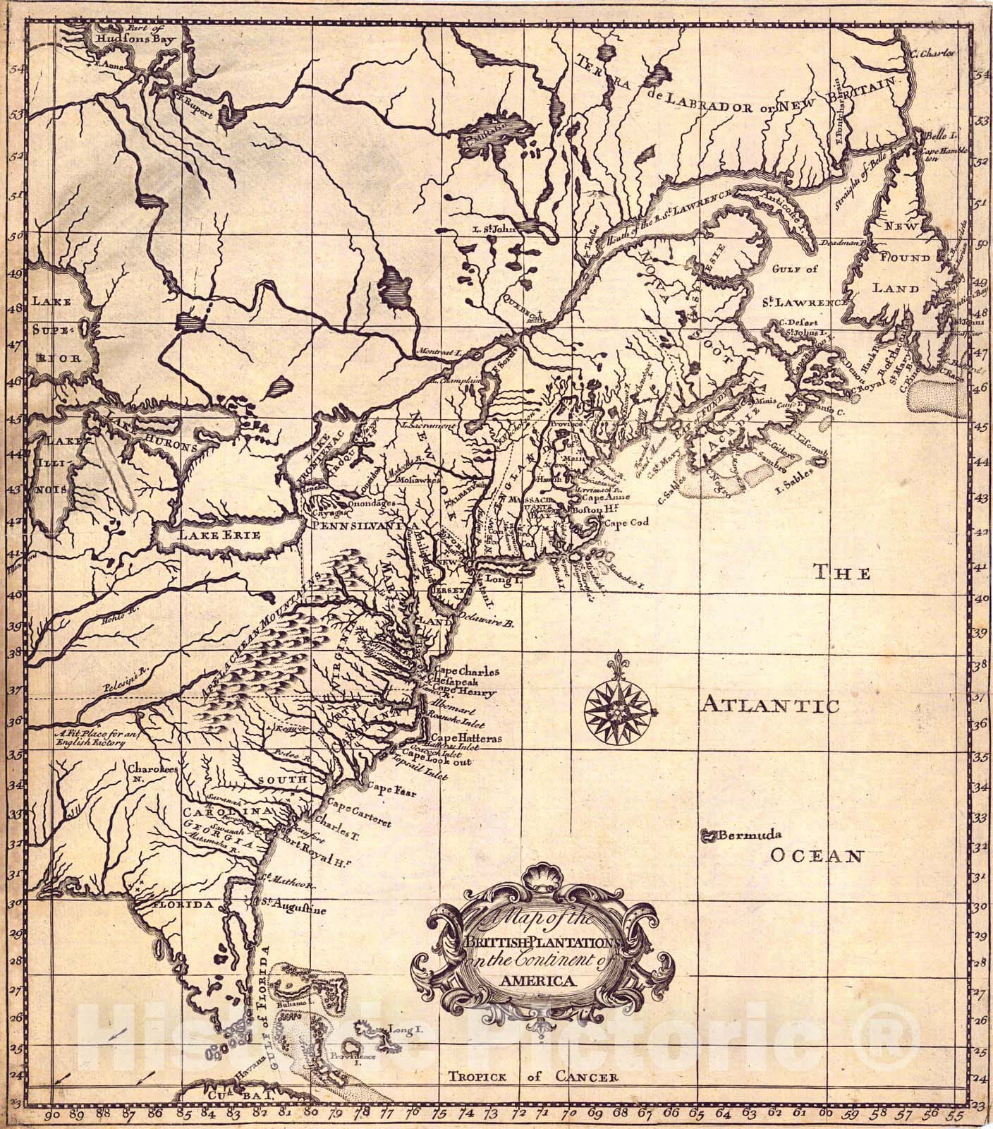 Historic Map : 1738 A Map of the British Plantations on the Continent of America : Vintage Wall Art