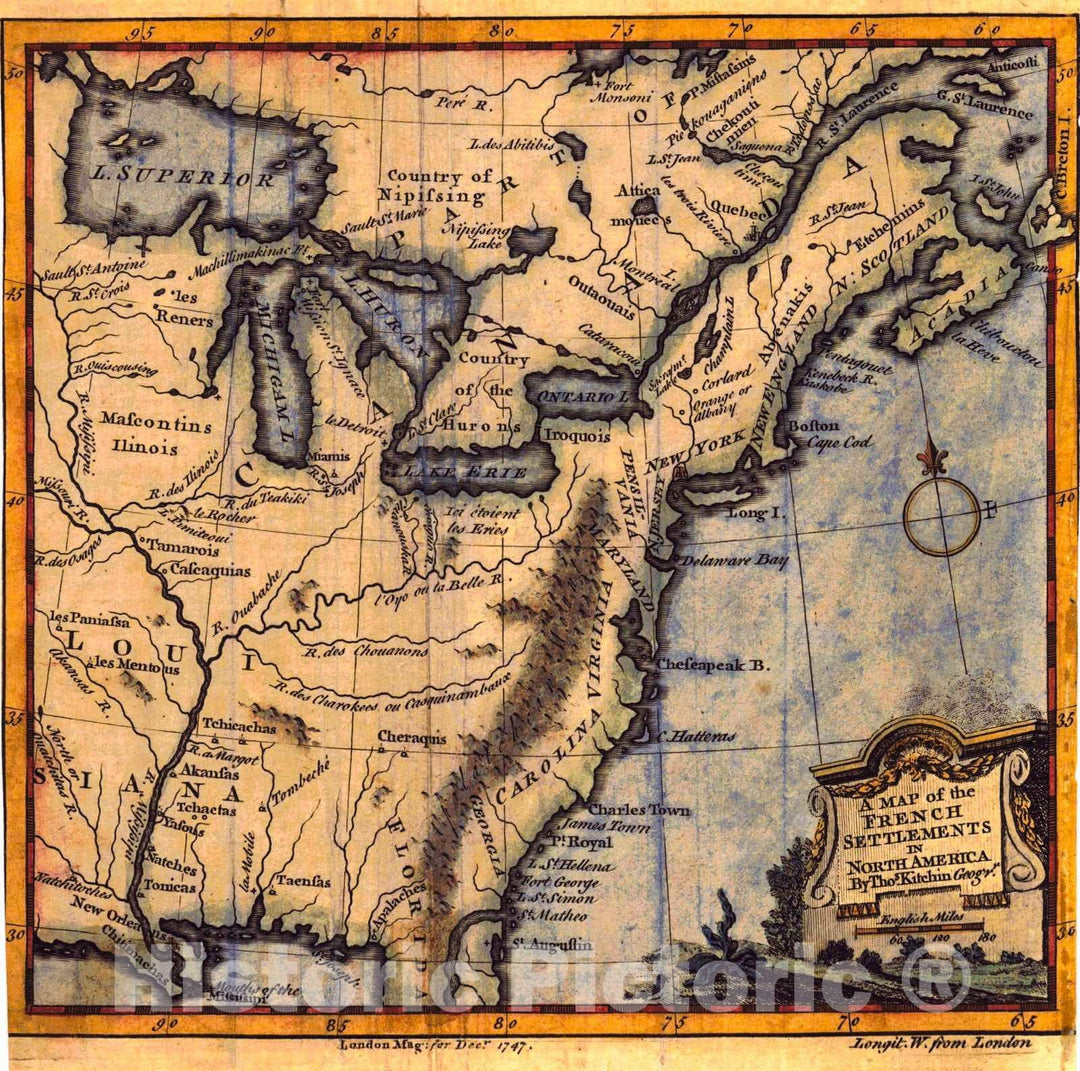 Historic Map : December, 1747 A Map of French Settlements in North America : Vintage Wall Art