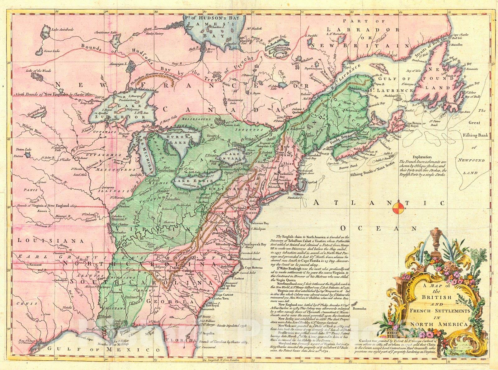 Historic Map : 1754 A Map of the British and French Settlements in North America : Vintage Wall Art