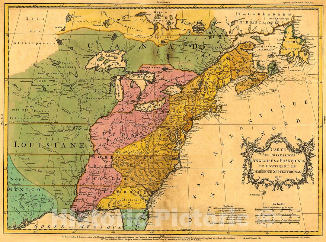 Historic Map : 1755 Carte des possessions angloises & fran&#231;oises du continent de l'Amerique septentrionale / par I. Palairet. Thos. Kitchin, sculpt : Vintage Wall Art