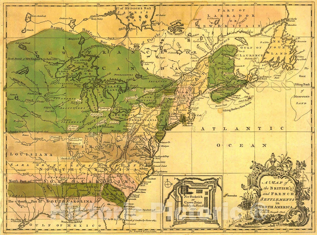 Historic Map : 1755 A Map of the British and French settlements in North America : Vintage Wall Art