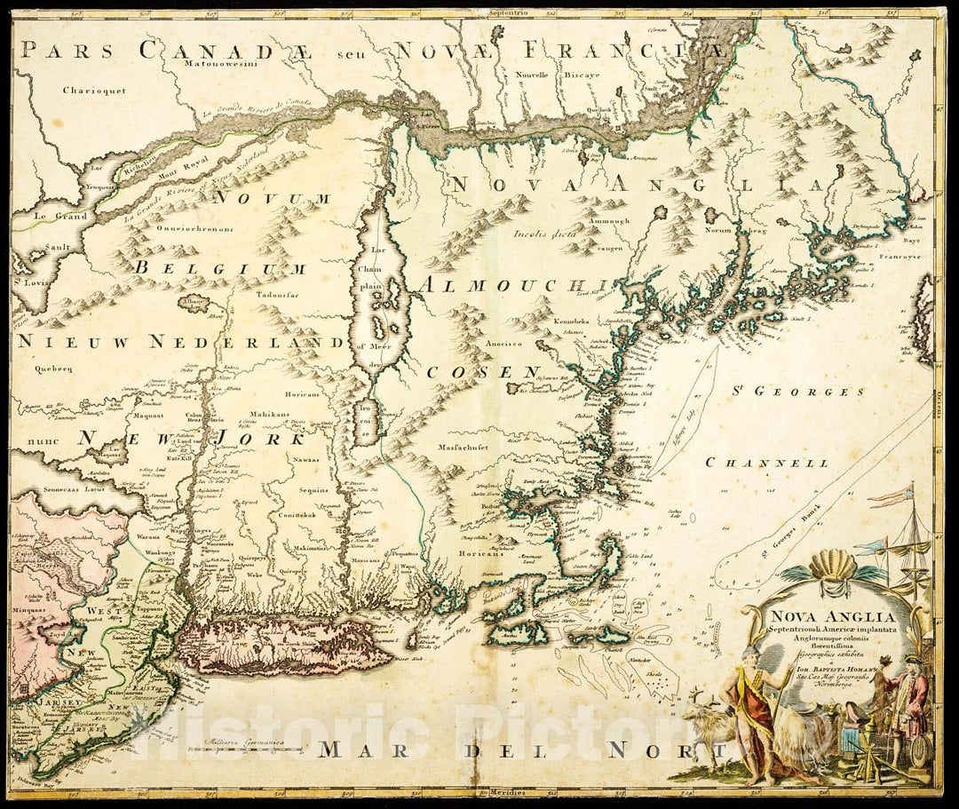 Historic Map : 1759 Nova Anglia, Septentrionali America implantata Anglorumque coloniis florentissima Baptista Homann, English colonies of New England, North America : Vintage Wall Art