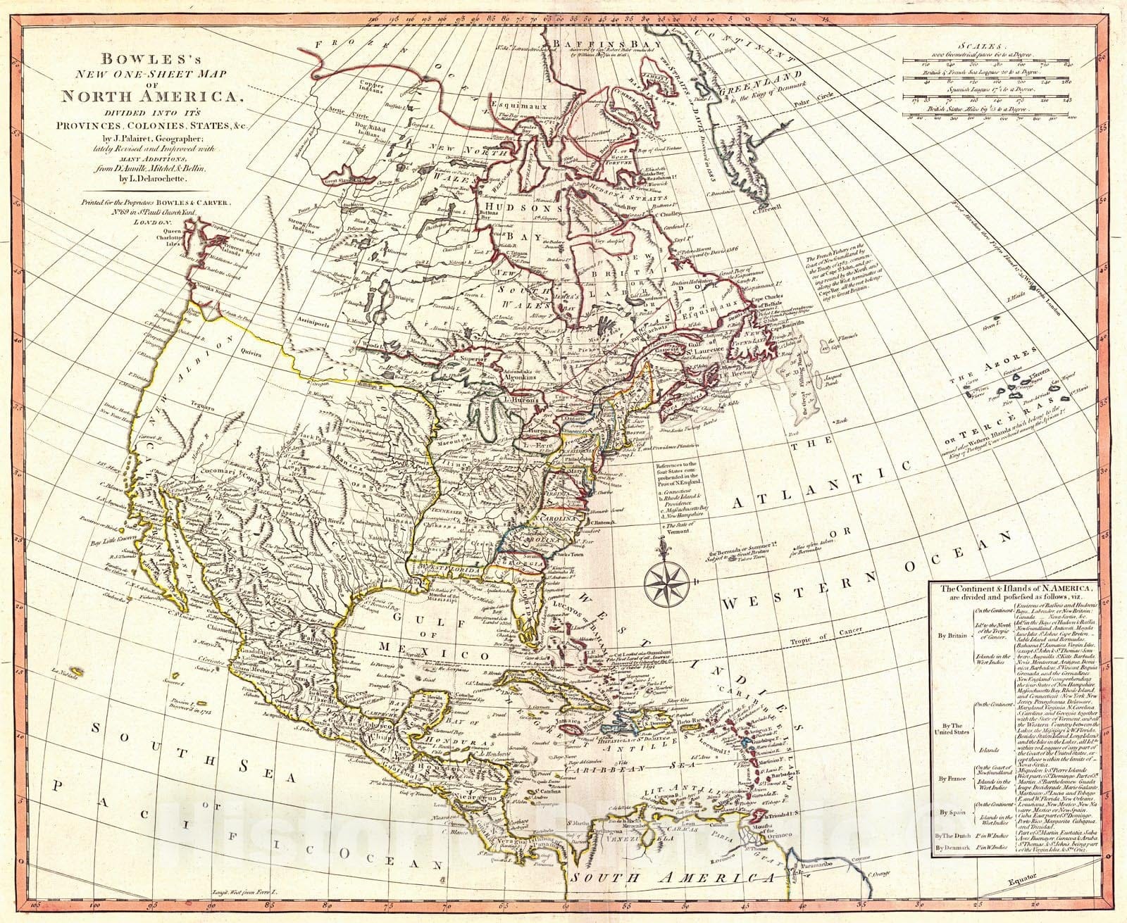 Historic Map : 1776 Bowles's New One-sheet Map of North America : Vintage Wall Art