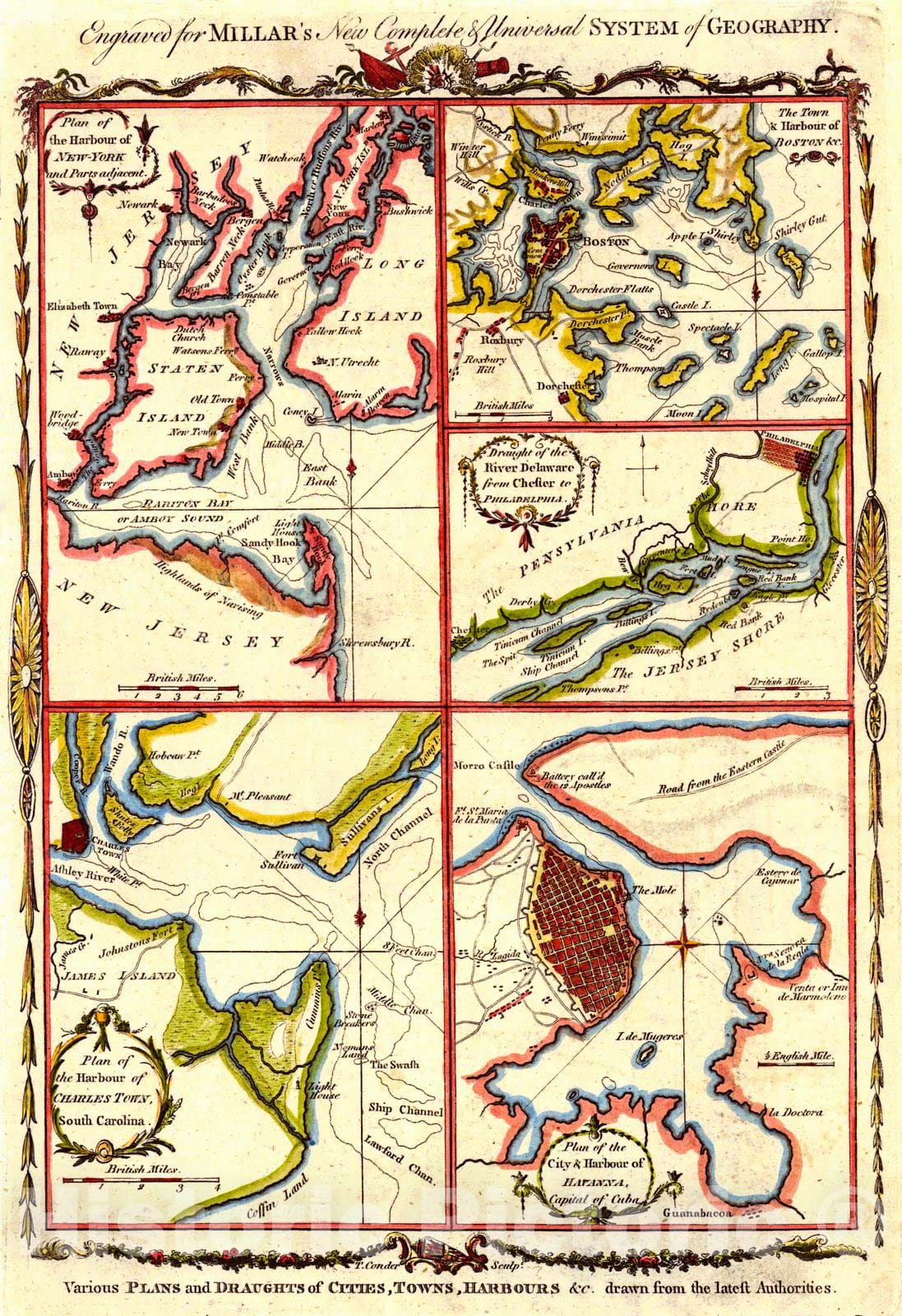 Historic Map : 1782 Various Plans and Draughts of Cities, Towns, Harbors [New York, Boston, Charleston, Philadelphia, and Havana] : Vintage Wall Art