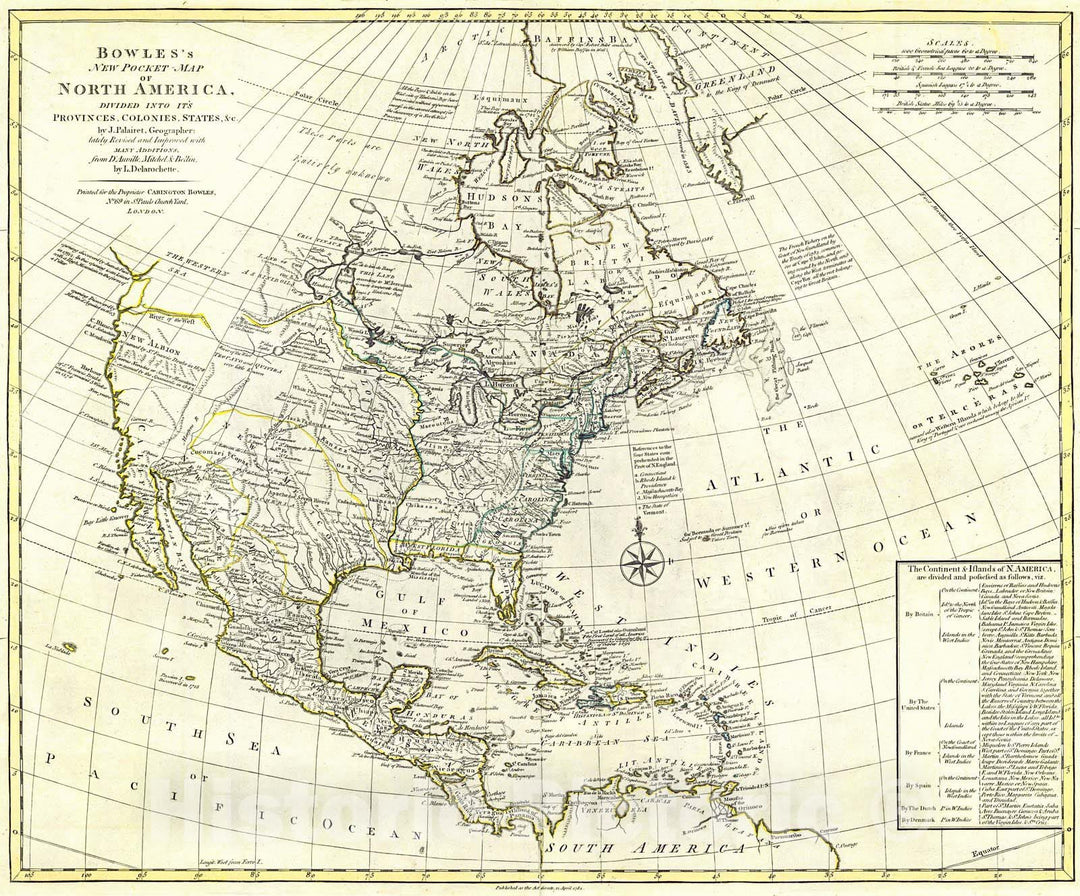 Historic Map : 1784 Bowles's New Pocket Map of North America : Vintage Wall Art