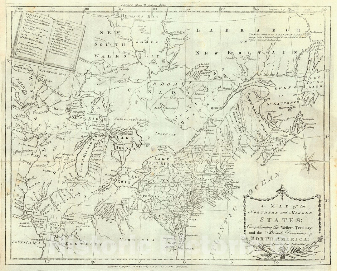 Historic Map : 1793 A Map of the Northern and Middle States: Comprehending the Western Territory and the British Dominions in North America : Vintage Wall Art