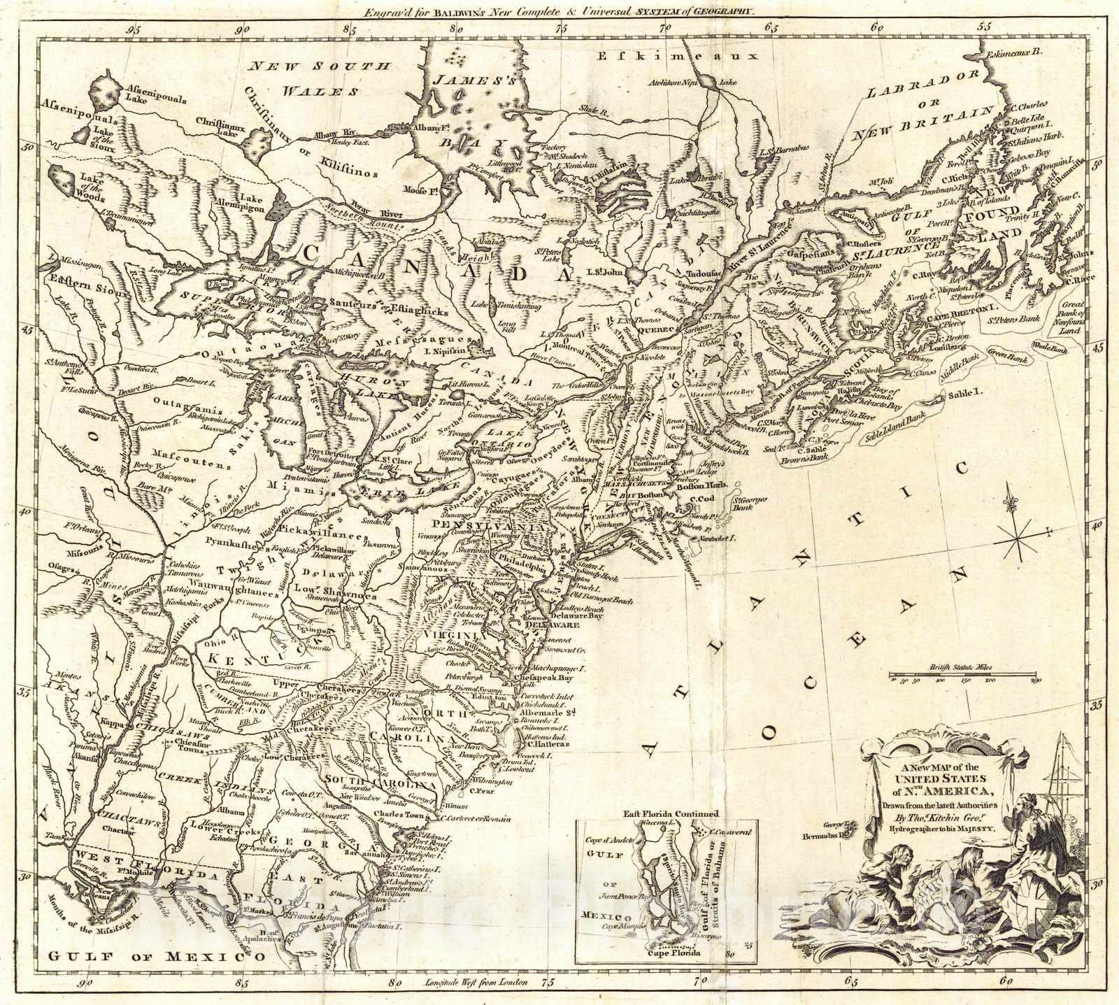 Historic Map : 1795 A New Map of the United States of North America : Vintage Wall Art