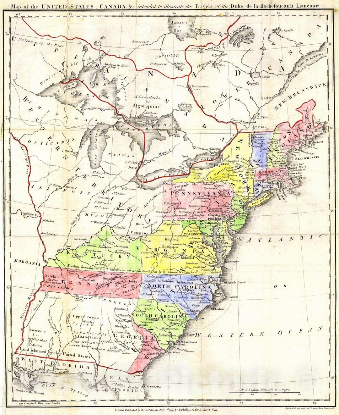 Historic Map : 1799 Map of the United States, Canada, etc intended to Illustrate the Travels of the Duke de la Rochefoucault Liancourt : Vintage Wall Art