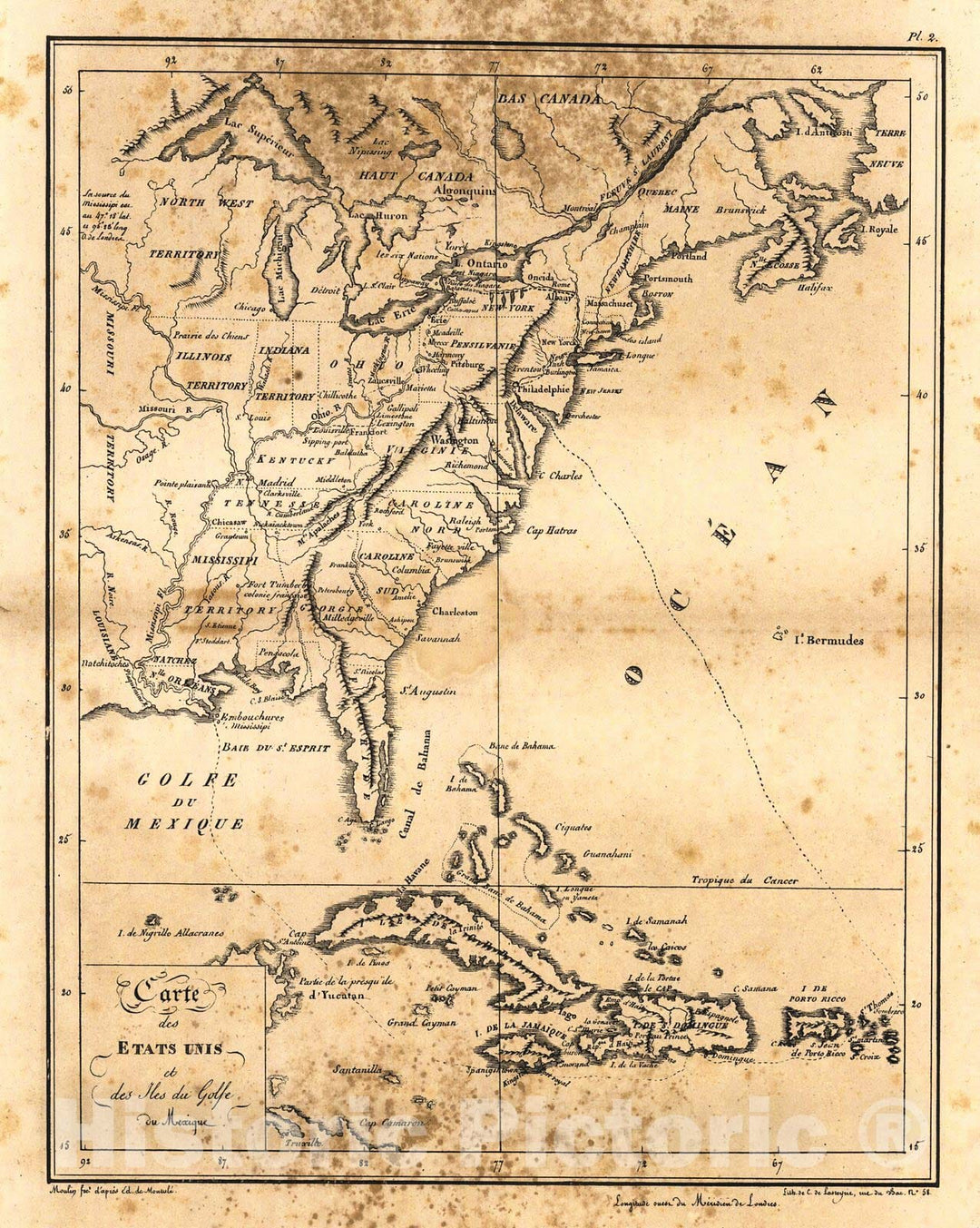 Historic Map : 1821 Carte de &#201;tats-Unis et des Fles du Golfe du Mexique : Vintage Wall Art