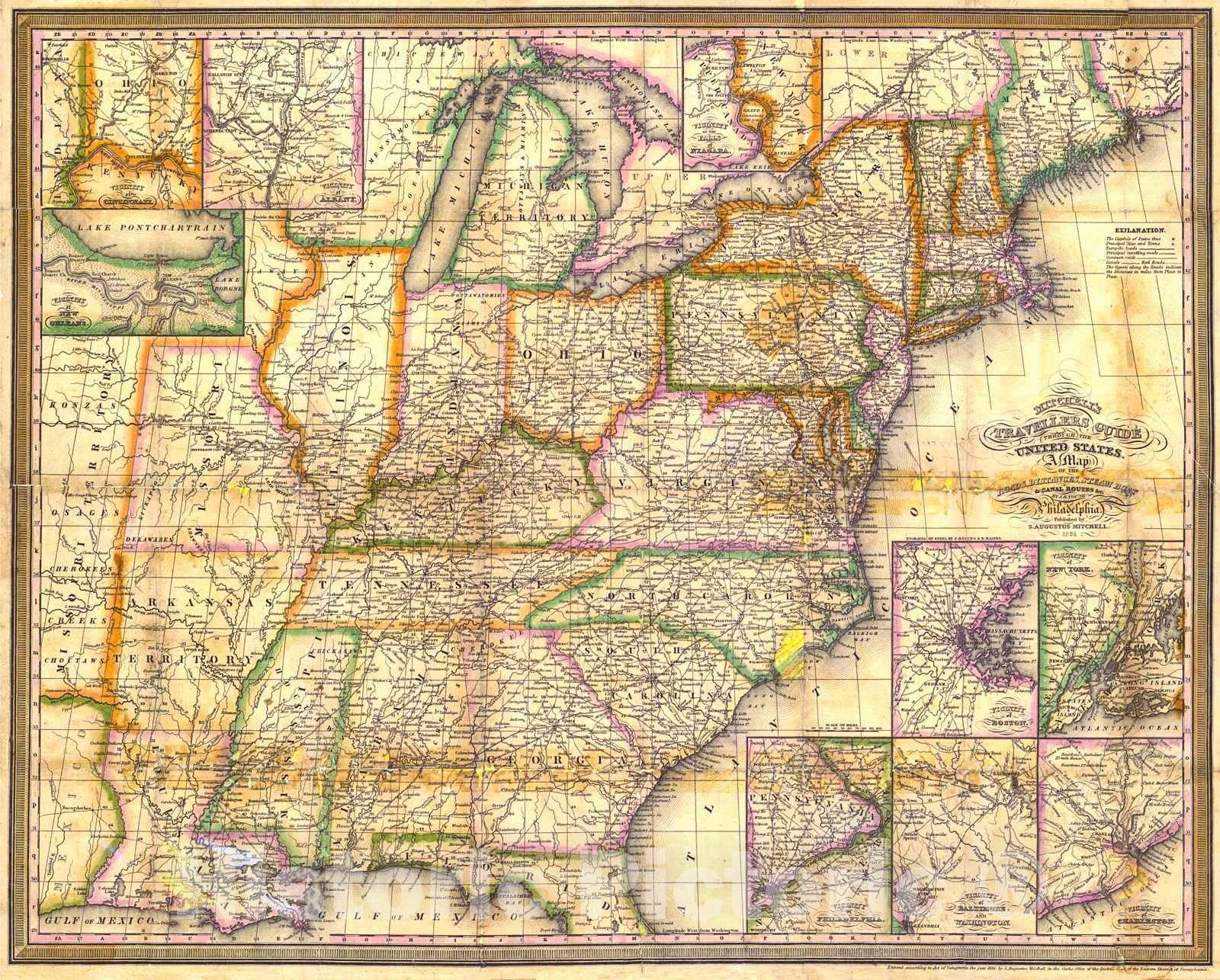 Historic Map : 1834 Mitchell's Traveler's Guide through the United States : Vintage Wall Art