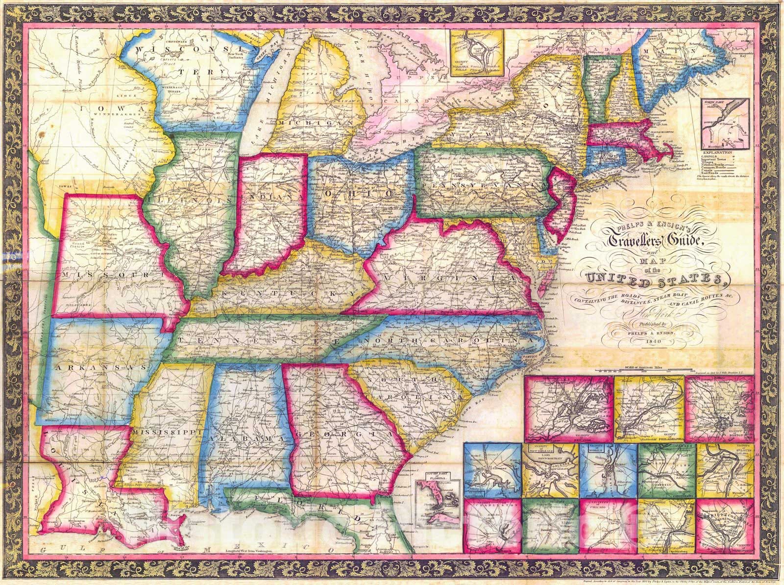 Historic Map : 1840 Phelps and Ensign's Travellers Guide and Map of the United States : Vintage Wall Art