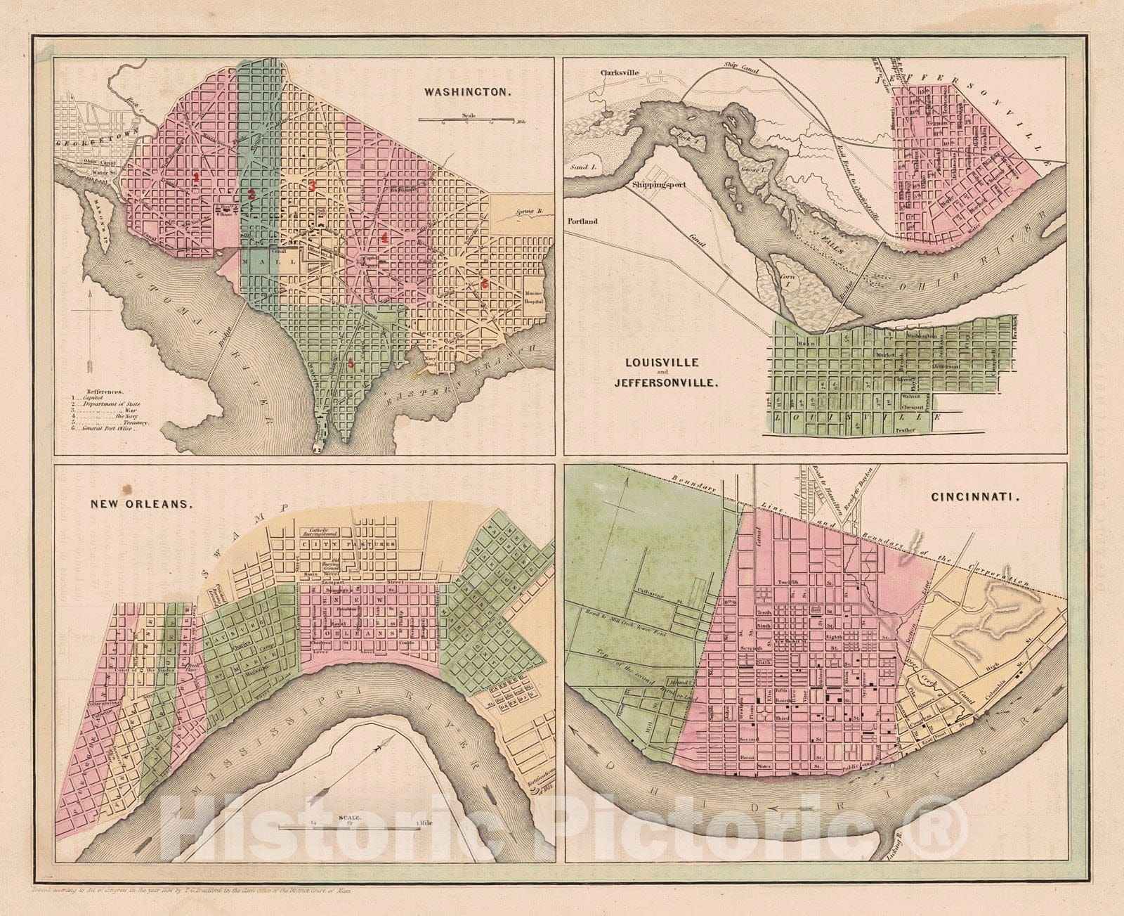 Historic Map : 1841 Washington, Louisville and Jeffersonville, New Orleans, Cincinnati : Vintage Wall Art