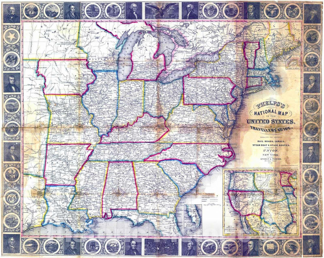 Historic Map : 1850 Phelps's National Map of the United States and Travellers Guide : Vintage Wall Art