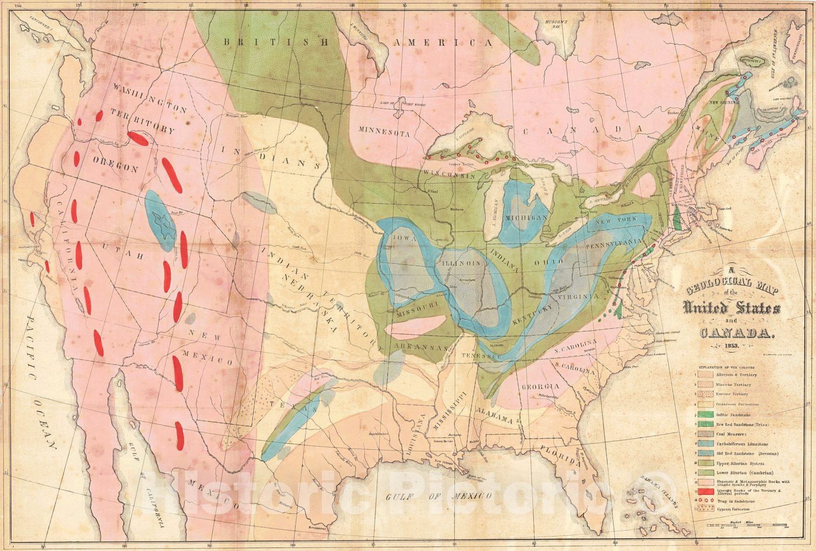 Historic Map : 1853 A Geological Map of the United States and Canada : Vintage Wall Art