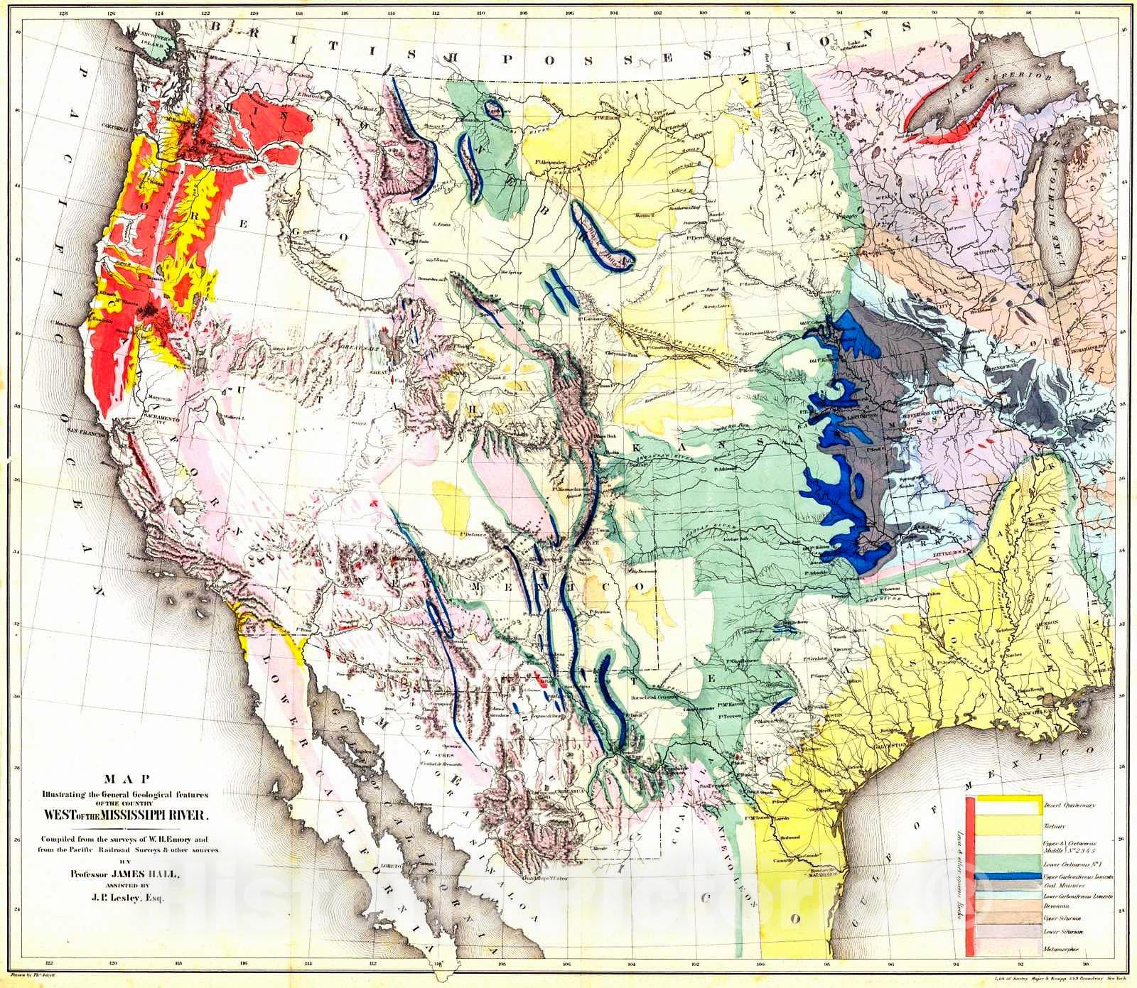 Historic Map : 1858 Map Illustrating the General Geological features of the Country West of the Mississippi River : Vintage Wall Art