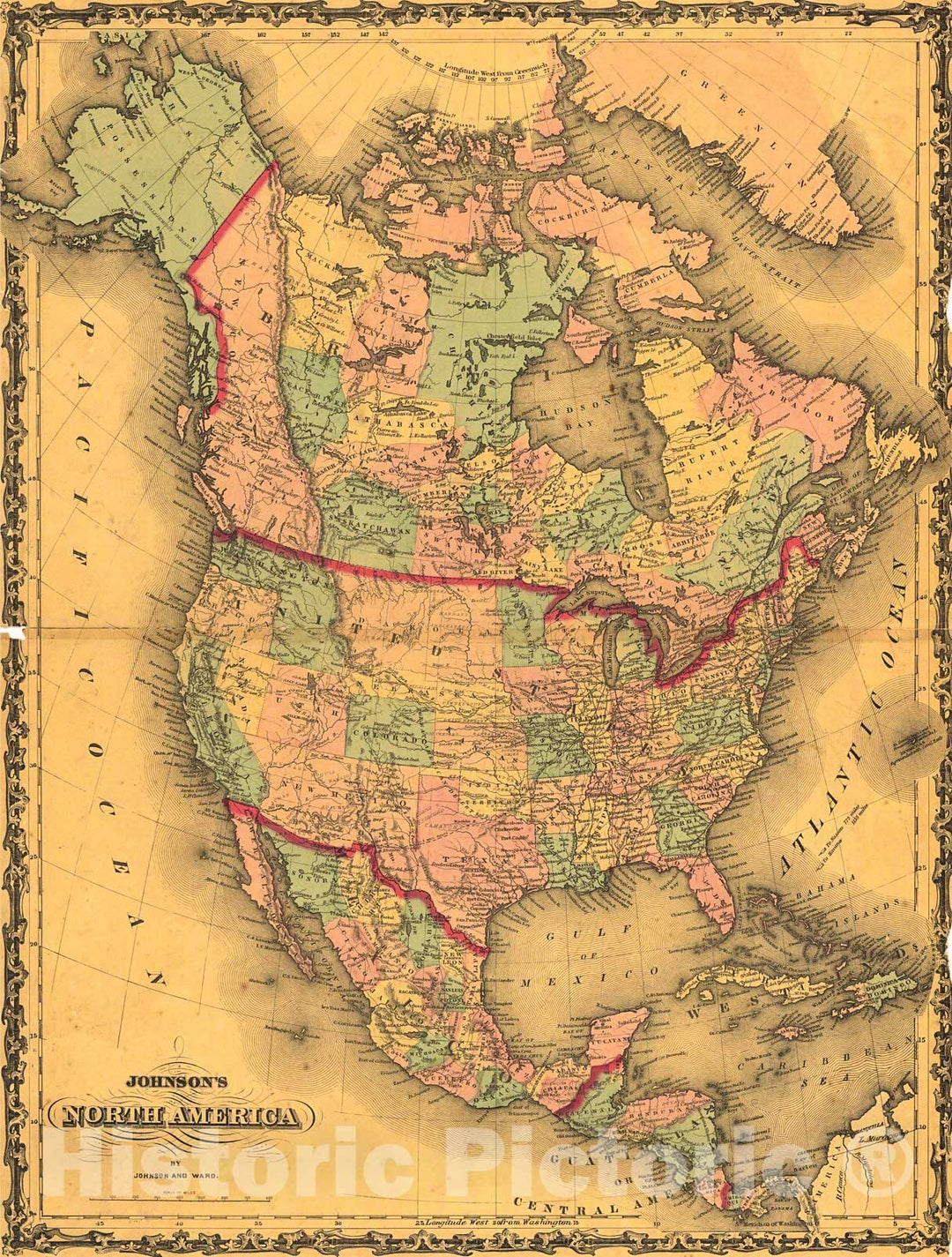 Historic Map : 1862 Johnson's North America : Vintage Wall Art