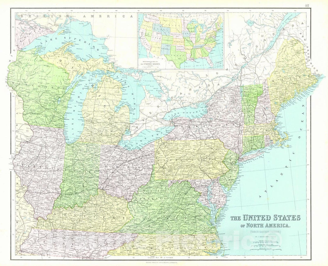 Historic Map : 1864 The United States of North America (North Eastern Division) : Vintage Wall Art