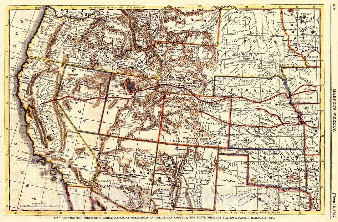 Historic Map : June 15, 1867 Map Showing the Scene of General Hancock's Operations in Indian Country, the forts, Military Stations, Pacific Railroads, etc. : Vintage Wall Art