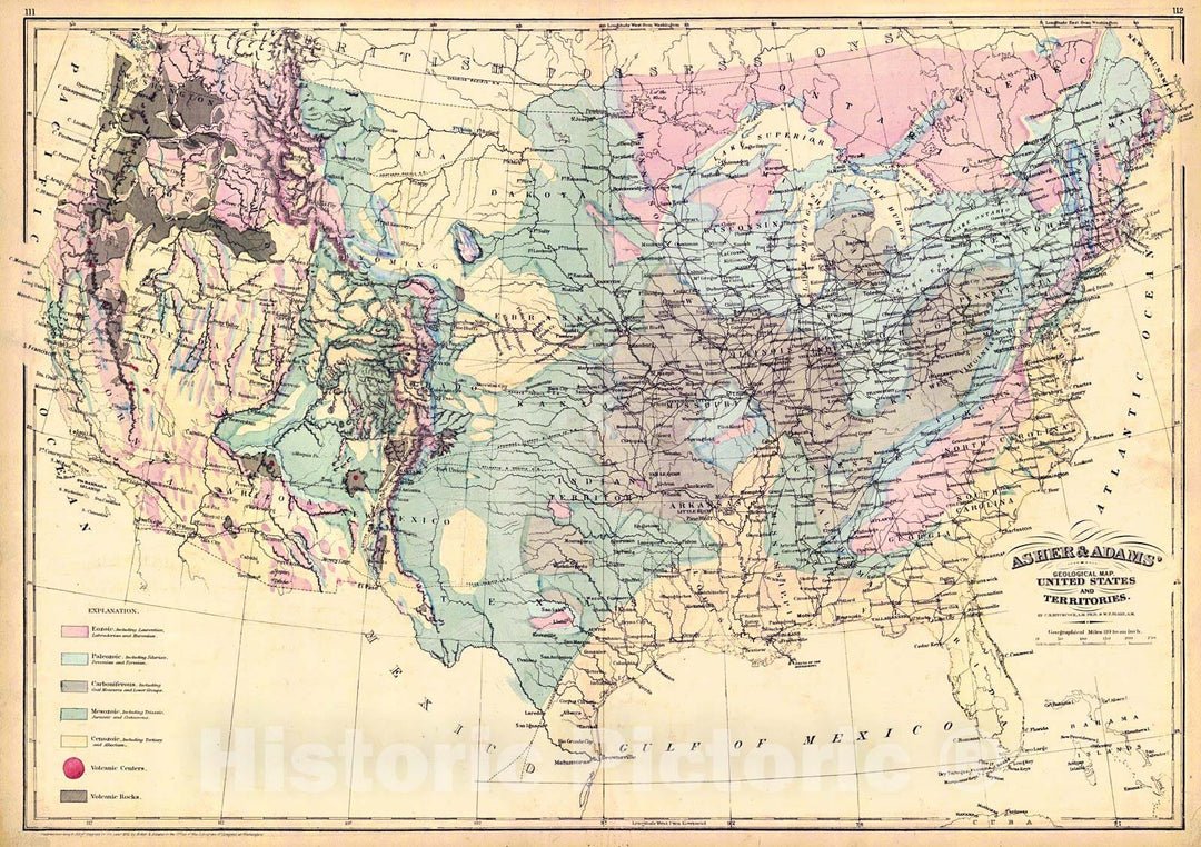 Historic Map : 1872 Asher and Adams' Geological Map: United States and Territories : Vintage Wall Art