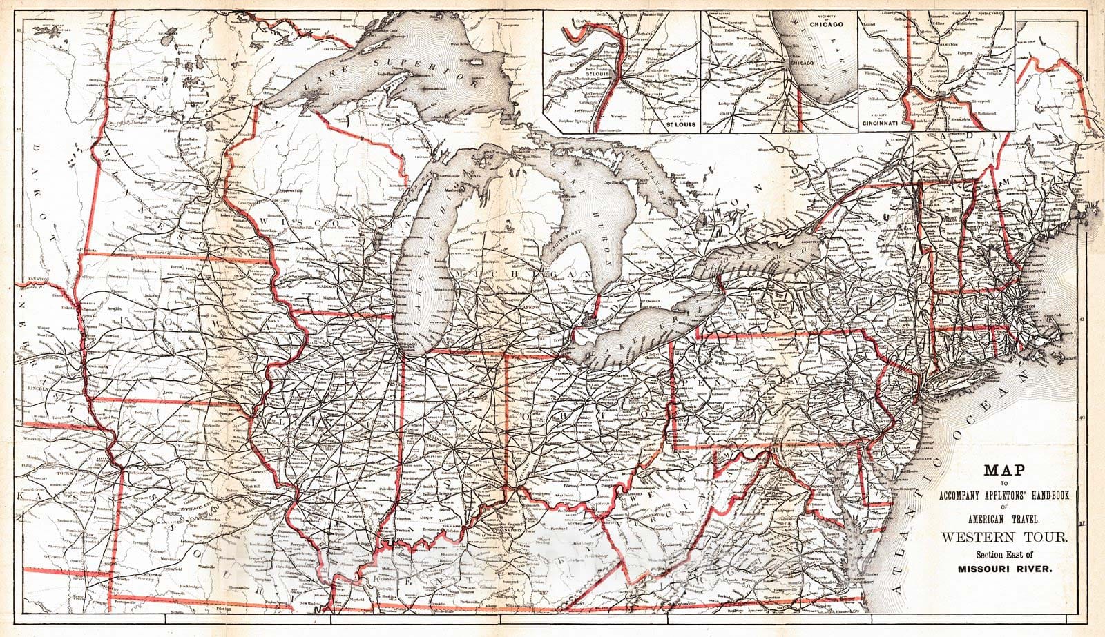 Historic Map : 1872 Map to Accompany Appletons' Hand-Book of American Travel. Western Tour. Section East of Missouri River : Vintage Wall Art