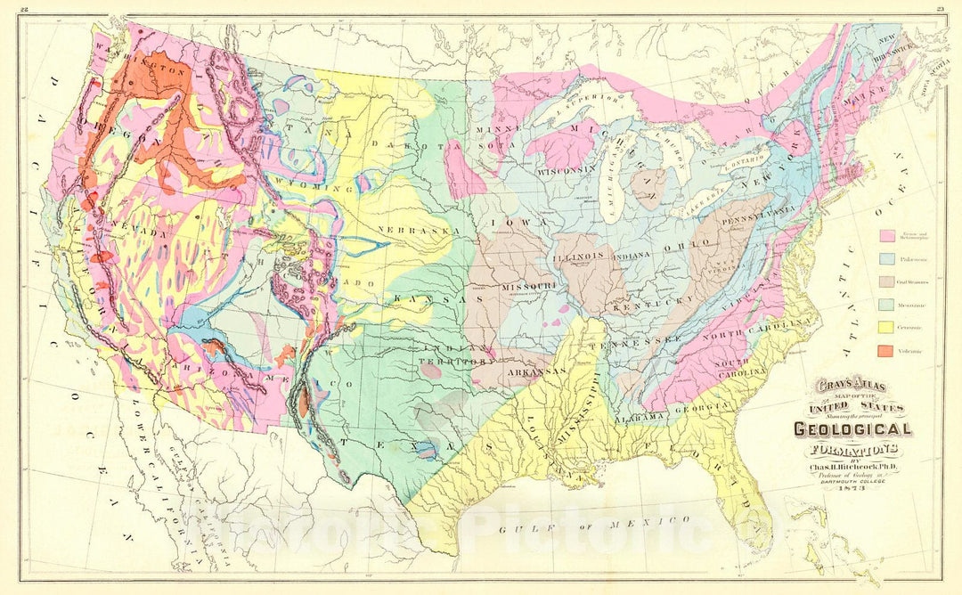 Historic Map : 1873 Gray's Atlas Map of the United States Showing Principal Geological Formations : Vintage Wall Art