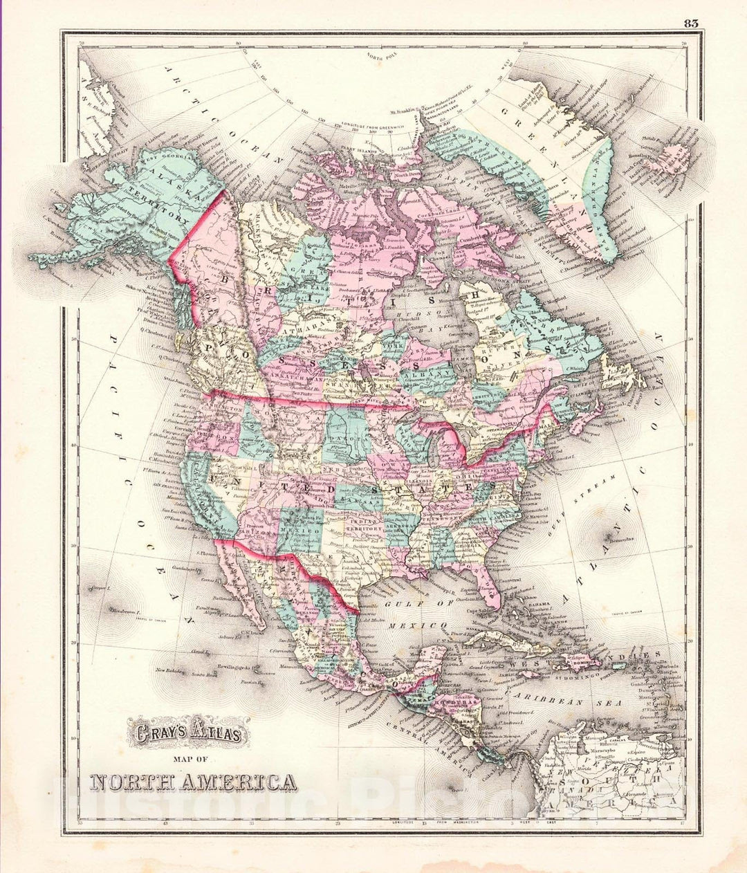 Historic Map : 1873 Gray's Atlas Map of North America : Vintage Wall Art