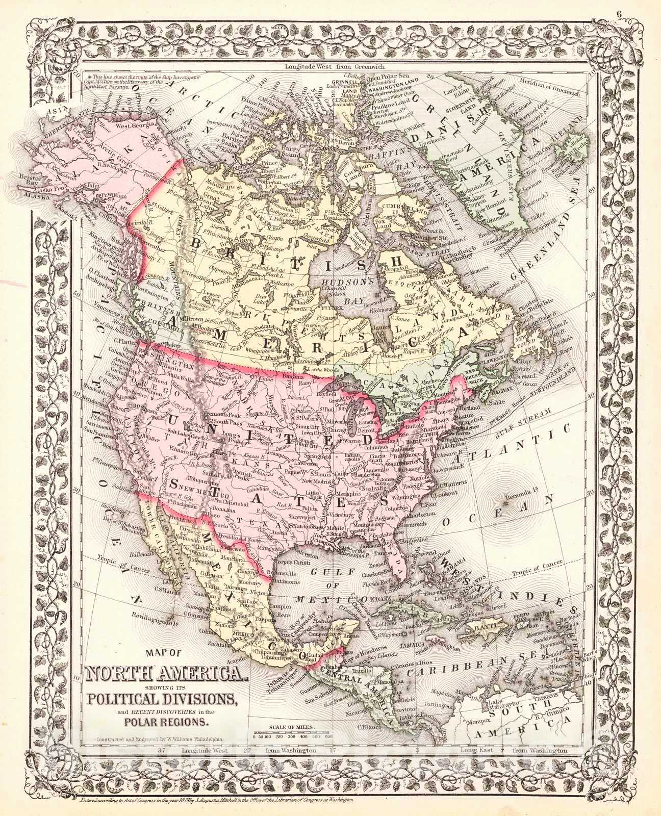 Historic Map : 1874 Map of North America Showing Its Political Divisions, and Recent Discoveries in the Polar Regions : Vintage Wall Art